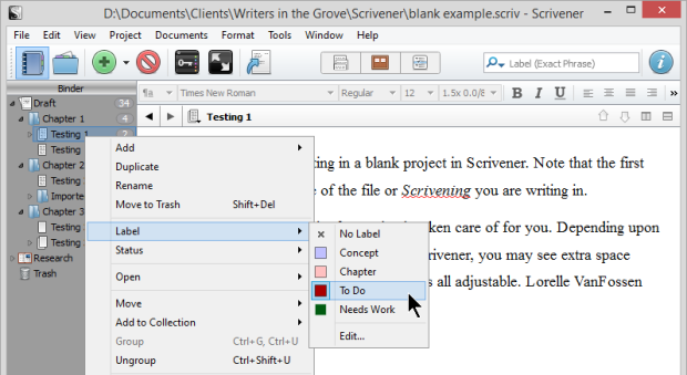 Scrivener - Labels - Add Label to Text and Folders  - Lorelle