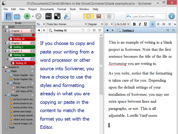 Scrivener - Splilt Screen View of formatted text examples - Lorelle