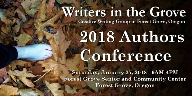Foot steps on leaves and announces Writers in the Grove 2018 Author Conference.